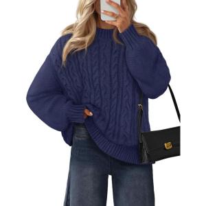 MEROKEETY Womens Fall Cable Knit Sweaters 2025 Long Lantern Sleeve Crewneck Chunky Loose Pullover Tops Winter Clothes(Navy)