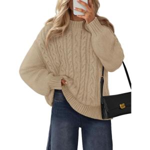 MEROKEETY Womens Fall Cable Knit Sweaters 2025 Long Lantern Sleeve Crewneck Chunky Loose Pullover Tops Winter Clothes(Sand)