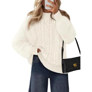 MEROKEETY Womens Fall Cable Knit Sweaters 2025 Long Lantern Sleeve Crewneck Chunky Loose Pullover Tops Winter Clothes(White)