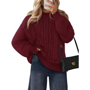 MEROKEETY Womens Fall Cable Knit Sweaters 2025 Long Lantern Sleeve Crewneck Chunky Loose Pullover Tops Winter Clothes(Wine Red)