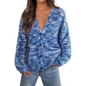 MEROKEETY Women’s Fall Fuzzy Colorful Knit Cardigan Sweaters Winter Button Down Boho Casual Long Sleeve Outerwear Top(Blue)