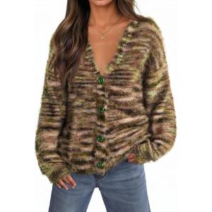 MEROKEETY Women’s Fall Fuzzy Colorful Knit Cardigan Sweaters Winter Button Down Boho Casual Long Sleeve Outerwear Top(Coffee)
