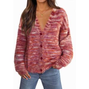 MEROKEETY Women’s Fall Fuzzy Colorful Knit Cardigan Sweaters Winter Button Down Boho Casual Long Sleeve Outerwear Top(Red)