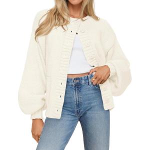 MEROKEETY Women’s Fall Long Lantern Sleeve Cardigan Sweaters Casual Button Down Crewneck Open Front Coat(White)