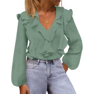 MEROKEETY Women’s Fall Long Sleeve Ruffle Blouse Dressy Casual Top V Neck Trendy Business Work Shirts 2025(Seagrass)