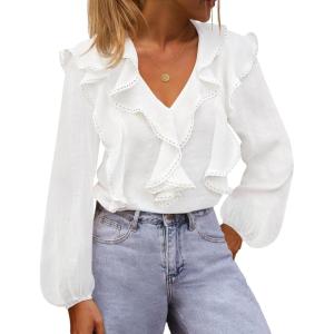 MEROKEETY Women’s Fall Long Sleeve Ruffle Blouse Dressy Casual Top V Neck Trendy Business Work Shirts 2025(White)