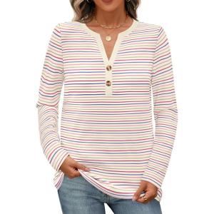 MEROKEETY Women’s Fall Long Sleeve Striped Henley Tops V Neck Dressy Casual Loose Shirt 2025 Trendy Blouse(Beige)