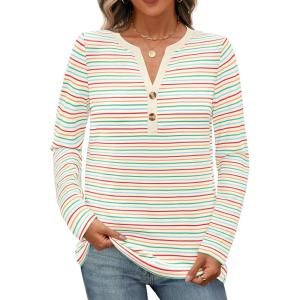 MEROKEETY Women’s Fall Long Sleeve Striped Henley Tops V Neck Dressy Casual Loose Shirt 2025 Trendy Blouse(Green Red)