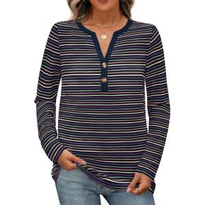 MEROKEETY Women’s Fall Long Sleeve Striped Henley Tops V Neck Dressy Casual Loose Shirt 2025 Trendy Blouse(Navy)