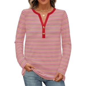MEROKEETY Women’s Fall Long Sleeve Striped Henley Tops V Neck Dressy Casual Loose Shirt 2025 Trendy Blouse(Pink)