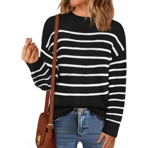 MEROKEETY Women’s Fall Long Sleeve Striped Pullover Sweaters 2025 Trendy Turtleneck Casual Knit Tops(Black)