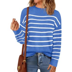 MEROKEETY Women’s Fall Long Sleeve Striped Pullover Sweaters 2025 Trendy Turtleneck Casual Knit Tops(Blue)
