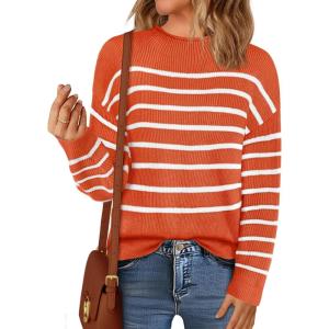 MEROKEETY Women’s Fall Long Sleeve Striped Pullover Sweaters 2025 Trendy Turtleneck Casual Knit Tops(Brick Red)