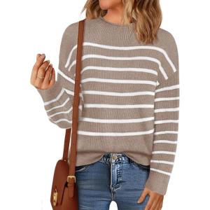 MEROKEETY Women’s Fall Long Sleeve Striped Pullover Sweaters 2025 Trendy Turtleneck Casual Knit Tops(Cashmere)