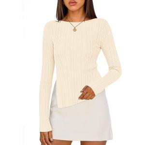 MEROKEETY Women’s Fall Long Sleeve Sweater Tops 2025 Boat Neck Ribbed Asymmetric Lightweight Knit Shirts(Beige)