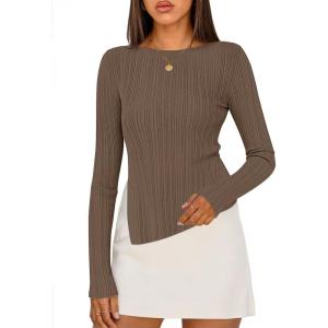 MEROKEETY Women’s Fall Long Sleeve Sweater Tops 2025 Boat Neck Ribbed Asymmetric Lightweight Knit Shirts(Coffee)