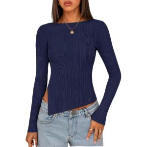 MEROKEETY Women’s Fall Long Sleeve Sweater Tops 2025 Boat Neck Ribbed Asymmetric Lightweight Knit Shirts(Navy)