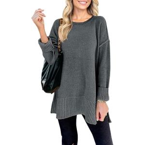 MEROKEETY Women’s Fall Winter Oversized Pullover Sweater Spring Casual Loose Crew Neck Long Sleeve Side Split Jumper Tops(Dark Grey)