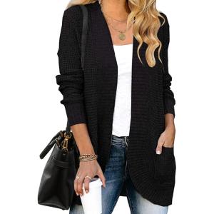 MEROKEETY Womens Long Sleeve Open Front Cardigans Chunky Knit Draped Sweaters Outwear(Black)