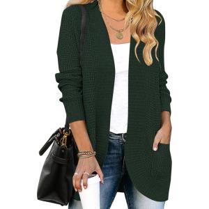 MEROKEETY Womens Long Sleeve Open Front Cardigans Chunky Knit Draped Sweaters Outwear(Darkgreen)