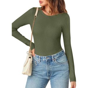 MEROKEETY Women’s Long Sleeve Ribbed Bodysuits Crew Neck Slim Body Suits 2026 Knit Sweater Tops(Armygreen)