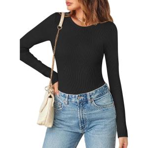 MEROKEETY Women’s Long Sleeve Ribbed Bodysuits Crew Neck Slim Body Suits 2026 Knit Sweater Tops(Black)