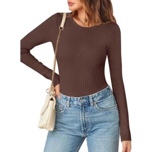 MEROKEETY Women’s Long Sleeve Ribbed Bodysuits Crew Neck Slim Body Suits 2026 Knit Sweater Tops(Coffee)