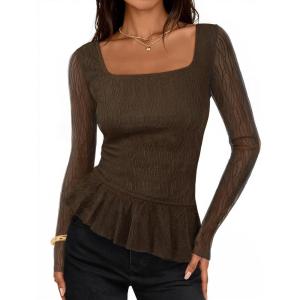 MEROKEETY Women’s Long Sleeve Square Neck Tops Ruched Fall Trendy Tee Shirts Asymmetrical Going Out Top(Brown)