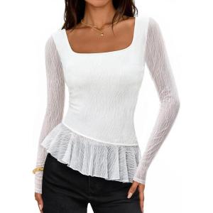 MEROKEETY Women’s Long Sleeve Square Neck Tops Ruched Fall Trendy Tee Shirts Asymmetrical Going Out Top(White)