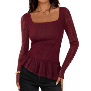 MEROKEETY Women’s Long Sleeve Square Neck Tops Ruched Fall Trendy Tee Shirts Asymmetrical Going Out Top(Wine)