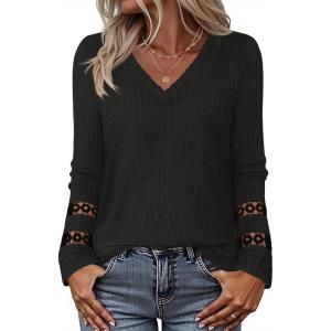 MEROKEETY Womens Long Sleeve Tops 2025 Trendy Fall Winter V Neck Ribbed Sweaters Casual Shirts Blouses(Black)