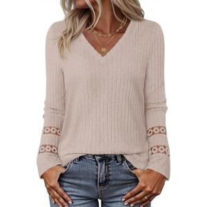 MEROKEETY Womens Long Sleeve Tops 2025 Trendy Fall Winter V Neck Ribbed Sweaters Casual Shirts Blouses(Lightmocha)