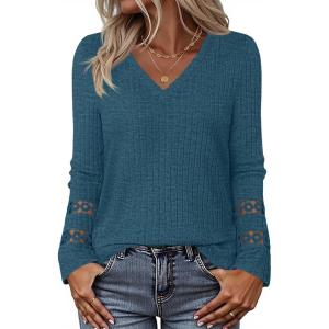 MEROKEETY Womens Long Sleeve Tops 2025 Trendy Fall Winter V Neck Ribbed Sweaters Casual Shirts Blouses(Teal)