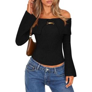 MEROKEETY Women’s Off Shoulder Sweater 2025 Fall Cute Bell Long Sleeve Ribbed Knit Winter Pullover Knit Outfits(Black)