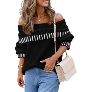 MEROKEETY Women’s Off Shoulder Sweater 2025 Fall Winter Fashion Oversized Ribbed Knit Striped Pullover Tops(Black)
