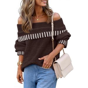 MEROKEETY Women’s Off Shoulder Sweater 2025 Fall Winter Fashion Oversized Ribbed Knit Striped Pullover Tops(Brown)