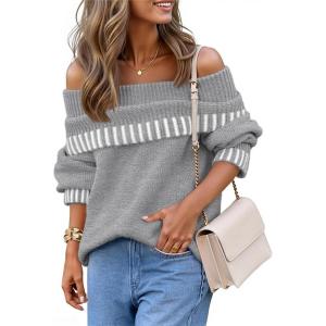 MEROKEETY Women’s Off Shoulder Sweater 2025 Fall Winter Fashion Oversized Ribbed Knit Striped Pullover Tops(Grey)