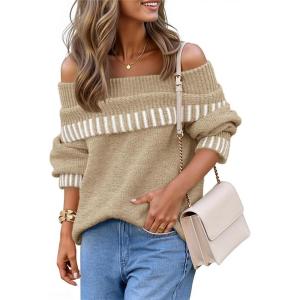 MEROKEETY Women’s Off Shoulder Sweater 2025 Fall Winter Fashion Oversized Ribbed Knit Striped Pullover Tops(Khaki)