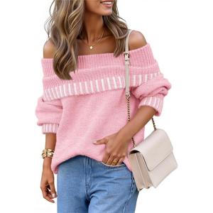 MEROKEETY Women’s Off Shoulder Sweater 2025 Fall Winter Fashion Oversized Ribbed Knit Striped Pullover Tops(Pink)