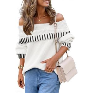 MEROKEETY Women’s Off Shoulder Sweater 2025 Fall Winter Fashion Oversized Ribbed Knit Striped Pullover Tops(White)