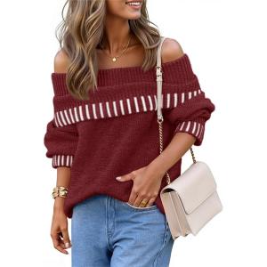 MEROKEETY Women’s Off Shoulder Sweater 2025 Fall Winter Fashion Oversized Ribbed Knit Striped Pullover Tops(Wine)
