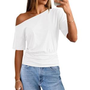 MEROKEETY Women’s Off The Shoulder Short Sleeve Tops 2026 Summer Casual Going Out Trendy Y2k T Shirts(White)