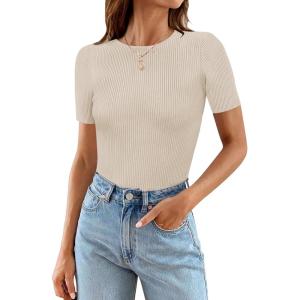 MEROKEETY Women’s Short Sleeve Crewneck Bodysuits Summer Ribbed Knit Tops Slim Fit Body Suit(Almond)
