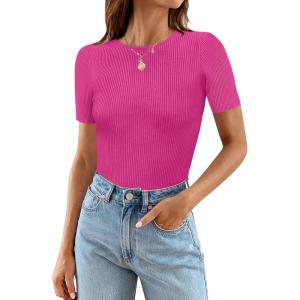 MEROKEETY Women’s Short Sleeve Crewneck Bodysuits Summer Ribbed Knit Tops Slim Fit Body Suit(Rose)