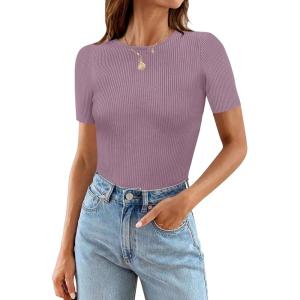 MEROKEETY Women’s Short Sleeve Crewneck Bodysuits Summer Ribbed Knit Tops Slim Fit Body Suit(Taro)