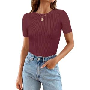 MEROKEETY Women’s Short Sleeve Crewneck Bodysuits Summer Ribbed Knit Tops Slim Fit Body Suit(Wine)