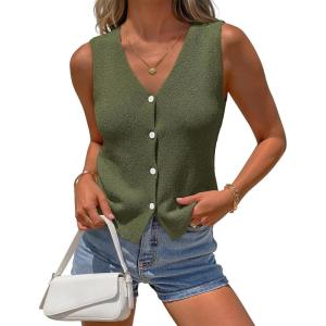 MEROKEETY Women’s Sleeveless Sweater Vest 2026 Spring Summer Knit Tank Top Casual V Neck Button Waistcoat Cardigan(Army Green)