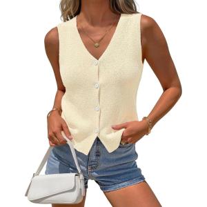 MEROKEETY Women’s Sleeveless Sweater Vest 2026 Spring Summer Knit Tank Top Casual V Neck Button Waistcoat Cardigan(Beige)