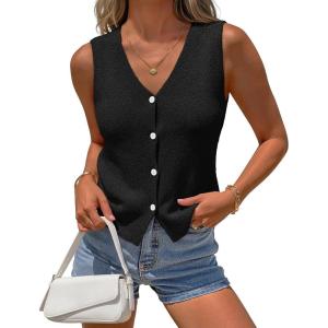 MEROKEETY Women’s Sleeveless Sweater Vest 2026 Spring Summer Knit Tank Top Casual V Neck Button Waistcoat Cardigan(Black)