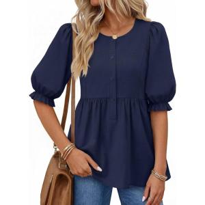 MEROKEETY Women’s Summer Babydoll Peplum Tops Blouse 2026 Puff Short Sleeve Crewneck Ruffle Casual Cute Shirts(Navy)